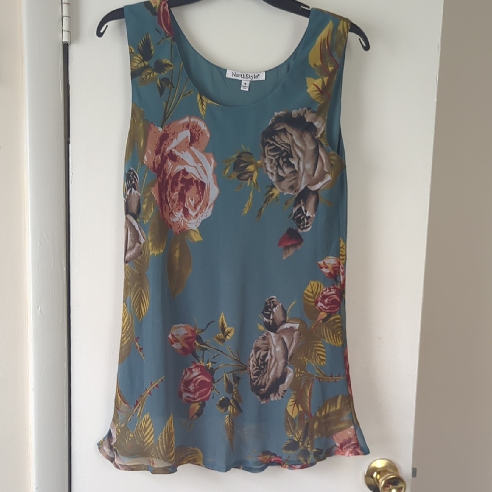 NorthStyle Sleeveless Floral Blouse - Teal and Rose